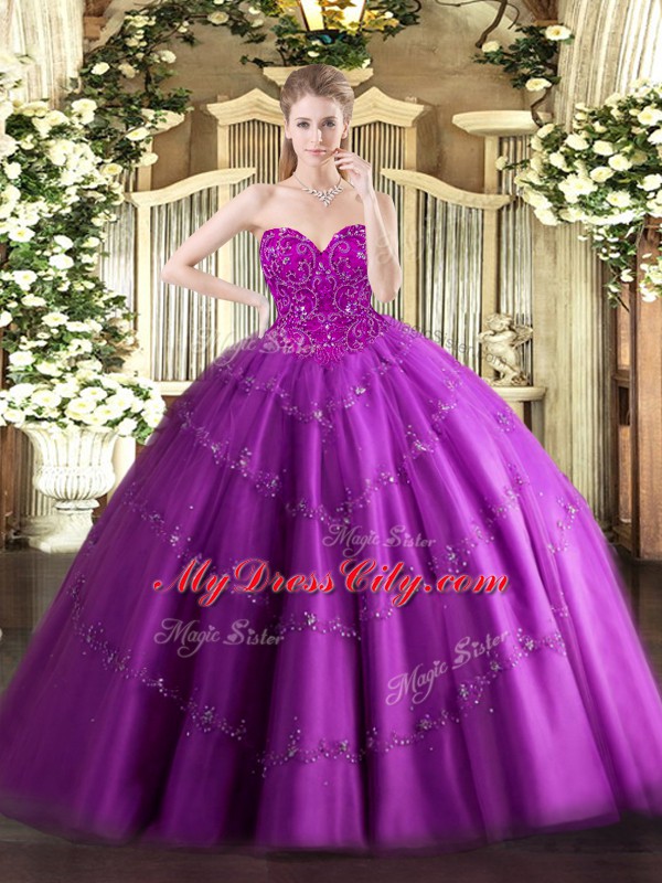 High Quality Sweetheart Sleeveless Lace Up Sweet 16 Dresses Fuchsia Tulle