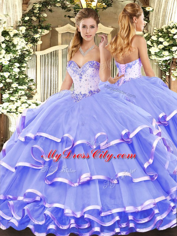 Lavender Organza Lace Up Sweetheart Sleeveless Floor Length Quinceanera Dresses Beading and Ruffled Layers