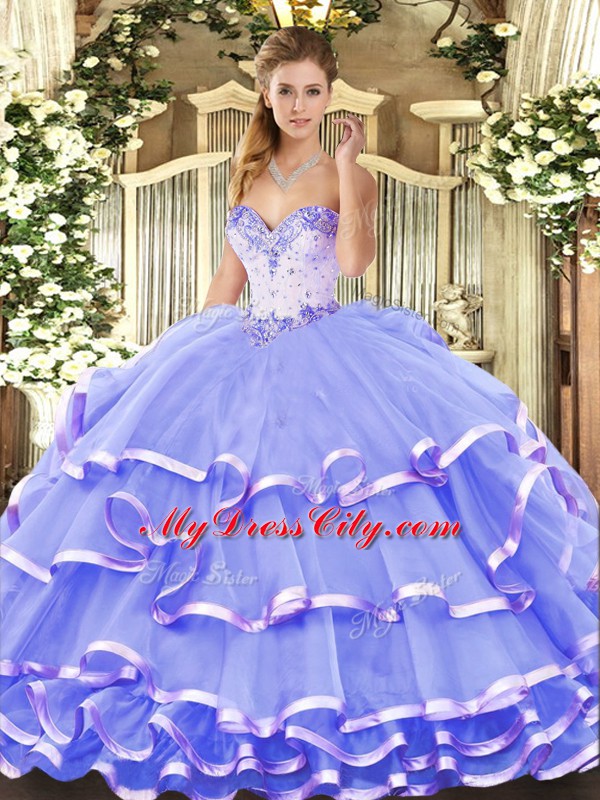 Lavender Organza Lace Up Sweetheart Sleeveless Floor Length Quinceanera Dresses Beading and Ruffled Layers