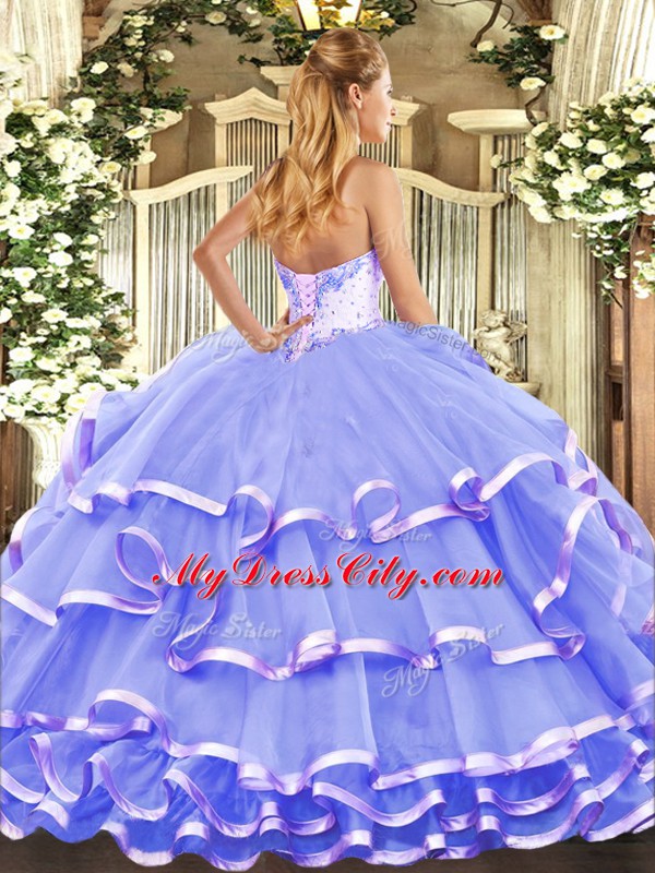 Lavender Organza Lace Up Sweetheart Sleeveless Floor Length Quinceanera Dresses Beading and Ruffled Layers