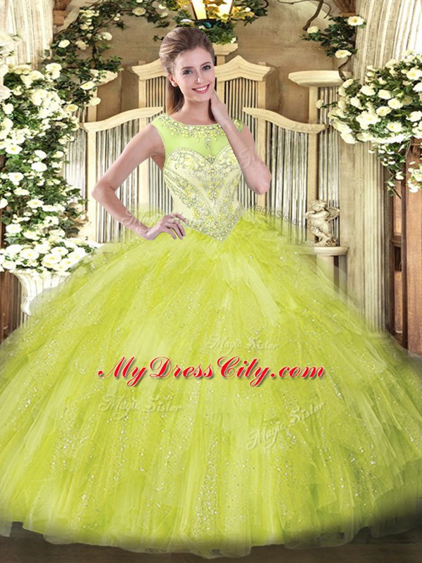 Comfortable Yellow Green Scoop Zipper Beading and Ruffles Quinceanera Gowns Sleeveless