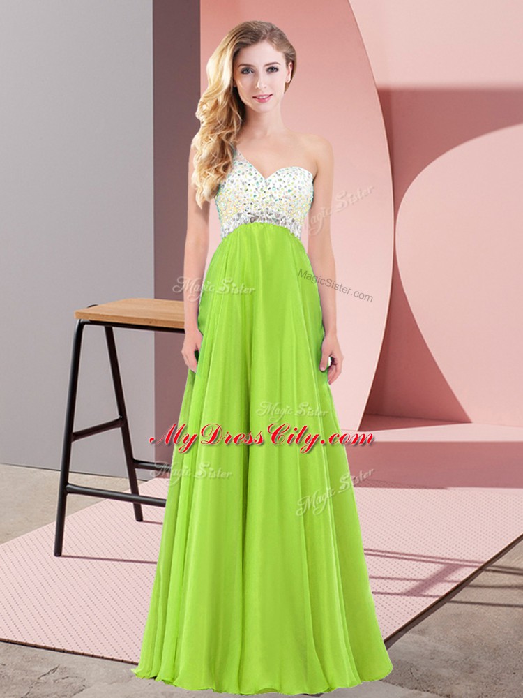 Low Price One Shoulder Sleeveless Prom Gown Floor Length Beading Chiffon