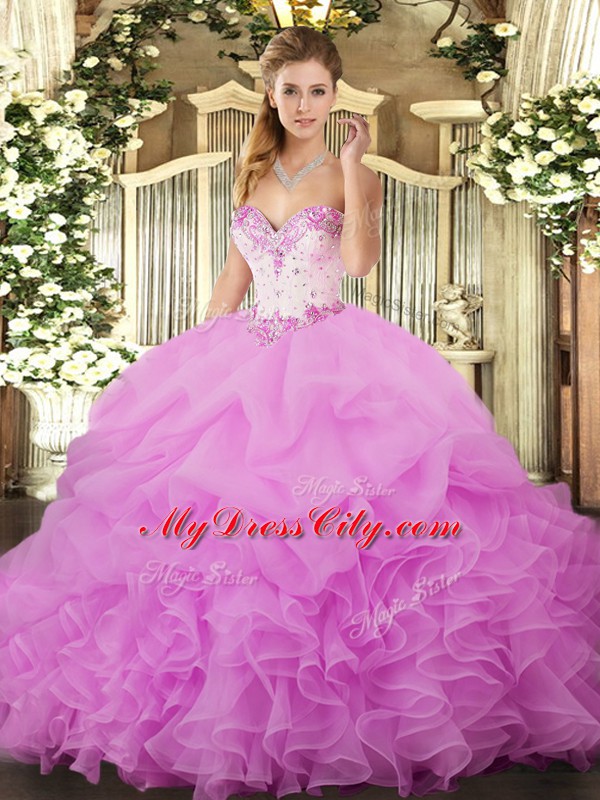 Lilac Quinceanera Gown Military Ball and Sweet 16 and Quinceanera with Beading and Ruffles and Pick Ups Sweetheart Sleeveless Lace Up