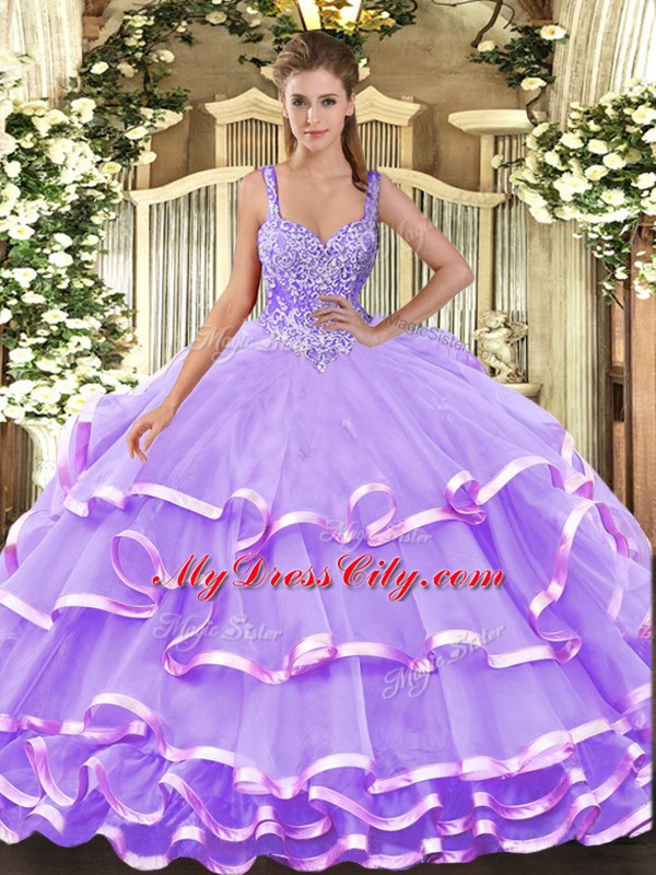 Lavender Straps Neckline Beading and Ruffled Layers Quinceanera Dresses Sleeveless Lace Up