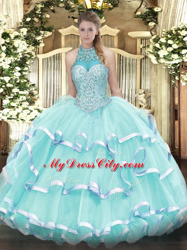 Nice Halter Top Sleeveless Quinceanera Gowns Floor Length Beading and Ruffled Layers Apple Green Organza