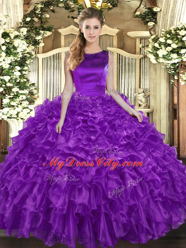 Colorful Eggplant Purple Ball Gowns Ruffles Vestidos de Quinceanera Lace Up Organza Sleeveless Floor Length