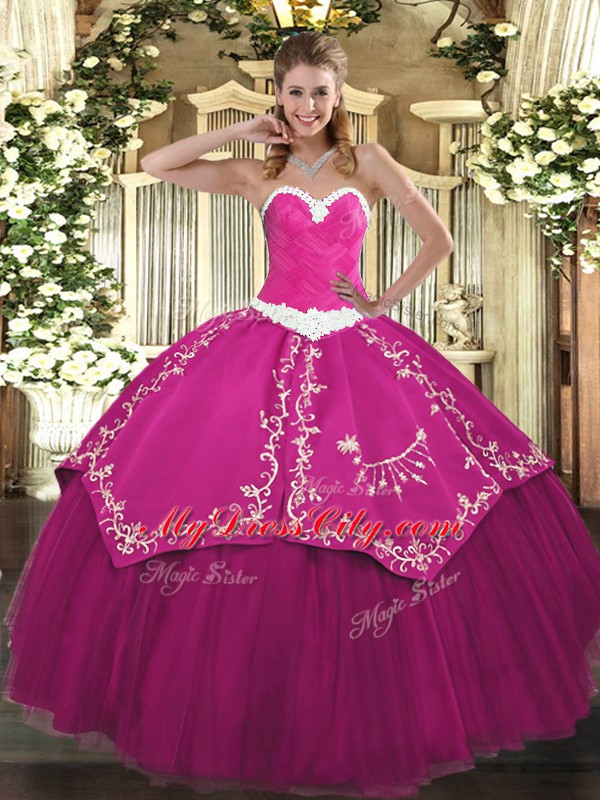 Spectacular Floor Length Fuchsia Sweet 16 Dresses Sweetheart Sleeveless Lace Up