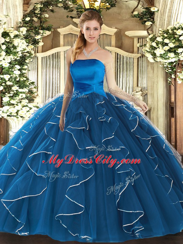 Free and Easy Blue Strapless Lace Up Ruffles Quinceanera Dress Sleeveless