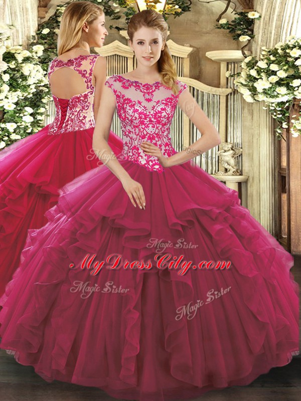 Fuchsia Scoop Lace Up Beading and Ruffles Quinceanera Gown Sleeveless