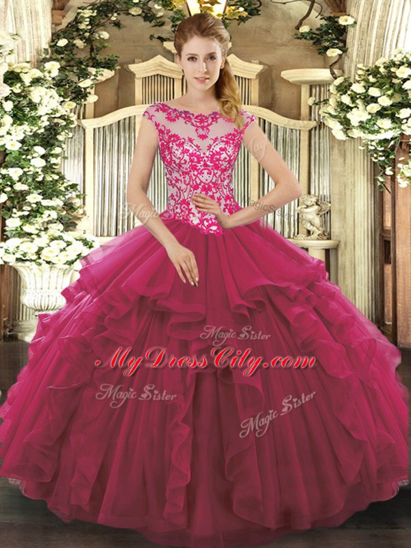 Fuchsia Scoop Lace Up Beading and Ruffles Quinceanera Gown Sleeveless