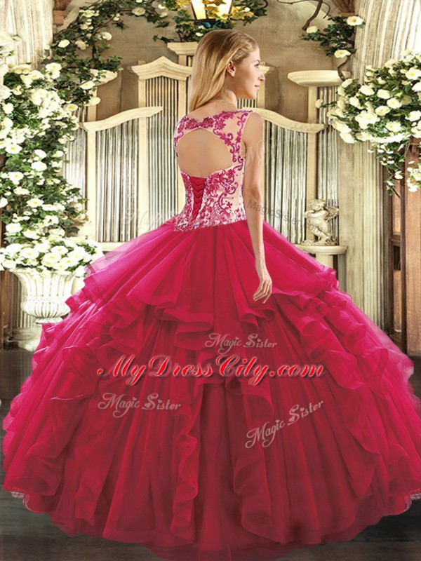 Fuchsia Scoop Lace Up Beading and Ruffles Quinceanera Gown Sleeveless