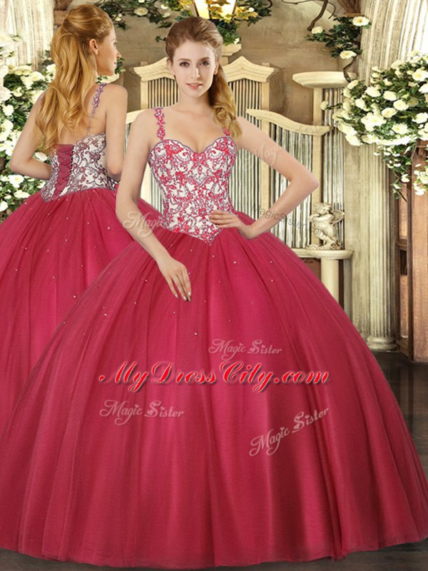 Trendy Ball Gowns Quinceanera Dress Coral Red Straps Tulle Sleeveless Floor Length Lace Up