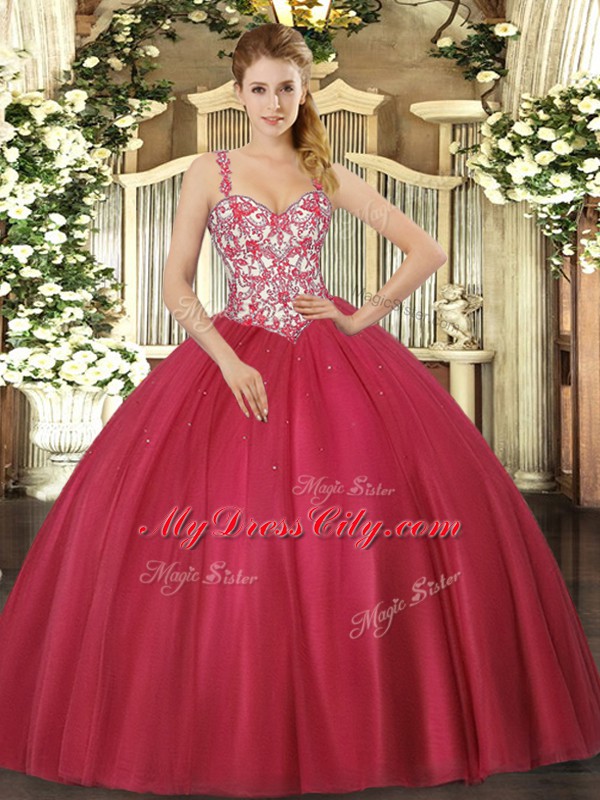 Trendy Ball Gowns Quinceanera Dress Coral Red Straps Tulle Sleeveless Floor Length Lace Up