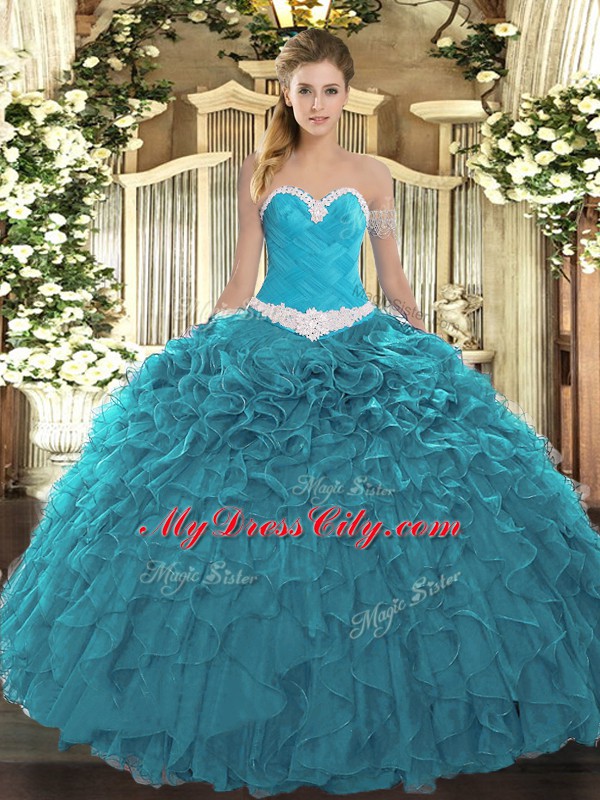 Teal Ball Gowns Sweetheart Sleeveless Organza Floor Length Lace Up Appliques and Ruffles Sweet 16 Dresses