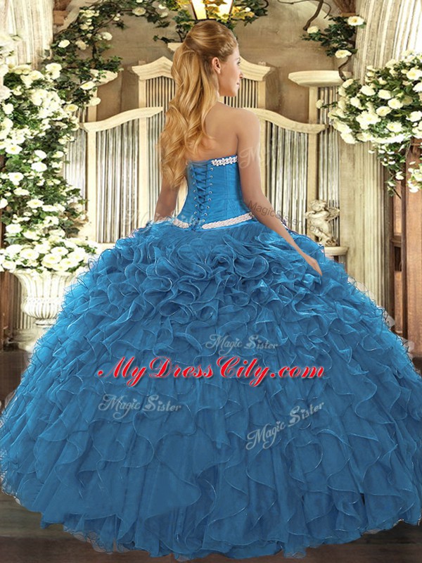 Teal Ball Gowns Sweetheart Sleeveless Organza Floor Length Lace Up Appliques and Ruffles Sweet 16 Dresses