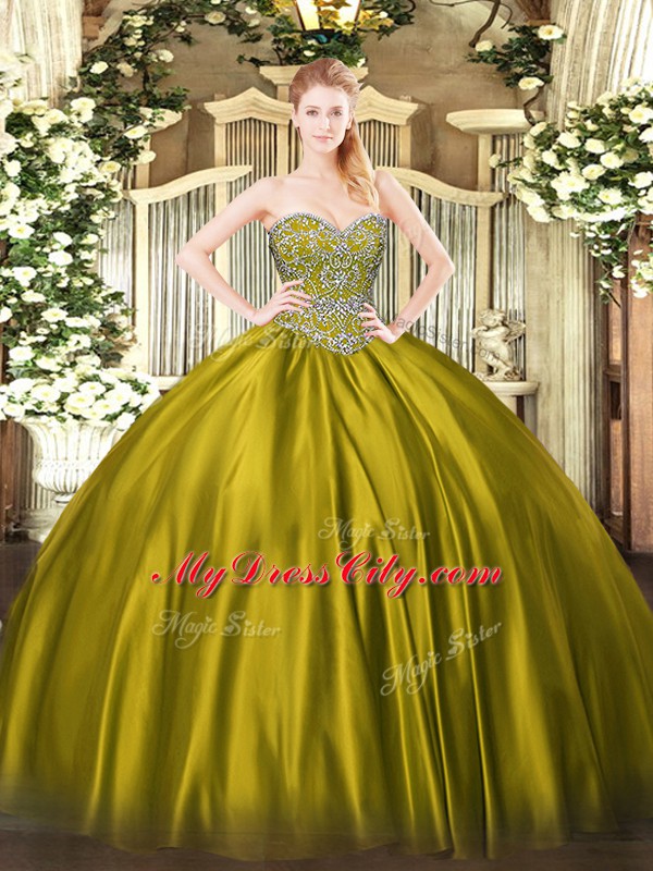 New Arrival Olive Green Lace Up Sweetheart Beading 15 Quinceanera Dress Satin Sleeveless