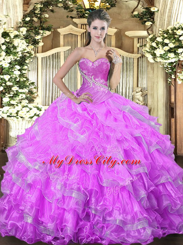 Lilac Sleeveless Floor Length Beading and Ruffled Layers Lace Up 15 Quinceanera Dress