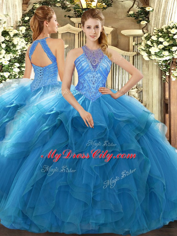 Flirting Teal Sleeveless Organza Lace Up Quince Ball Gowns for Military Ball and Sweet 16 and Quinceanera