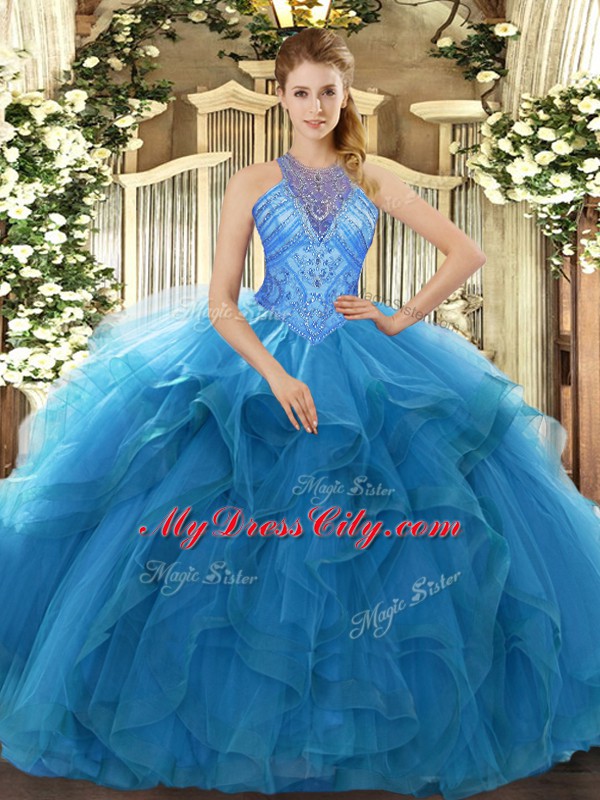 Flirting Teal Sleeveless Organza Lace Up Quince Ball Gowns for Military Ball and Sweet 16 and Quinceanera