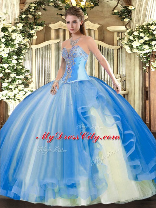 Baby Blue Tulle Lace Up Sweetheart Sleeveless Floor Length 15th Birthday Dress Beading and Ruffles