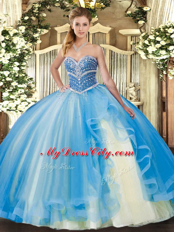 Ball Gowns Vestidos de Quinceanera Baby Blue Sweetheart Tulle Sleeveless Floor Length Lace Up