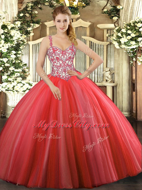 Glittering Floor Length Lace Up Quinceanera Gowns Coral Red for Sweet 16 and Quinceanera with Beading and Appliques