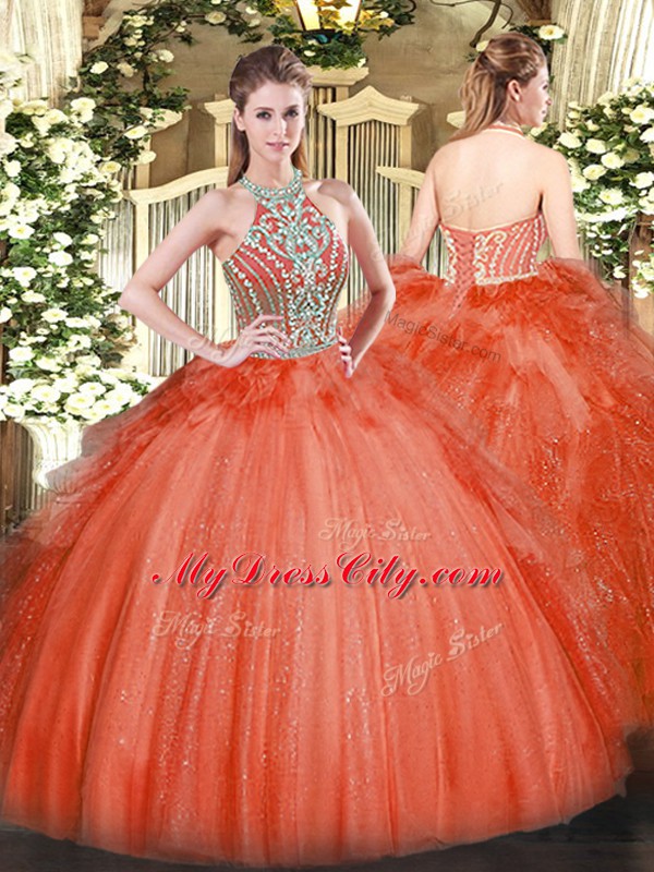 Red Quince Ball Gowns Military Ball and Sweet 16 and Quinceanera with Beading and Ruffles Halter Top Sleeveless Lace Up