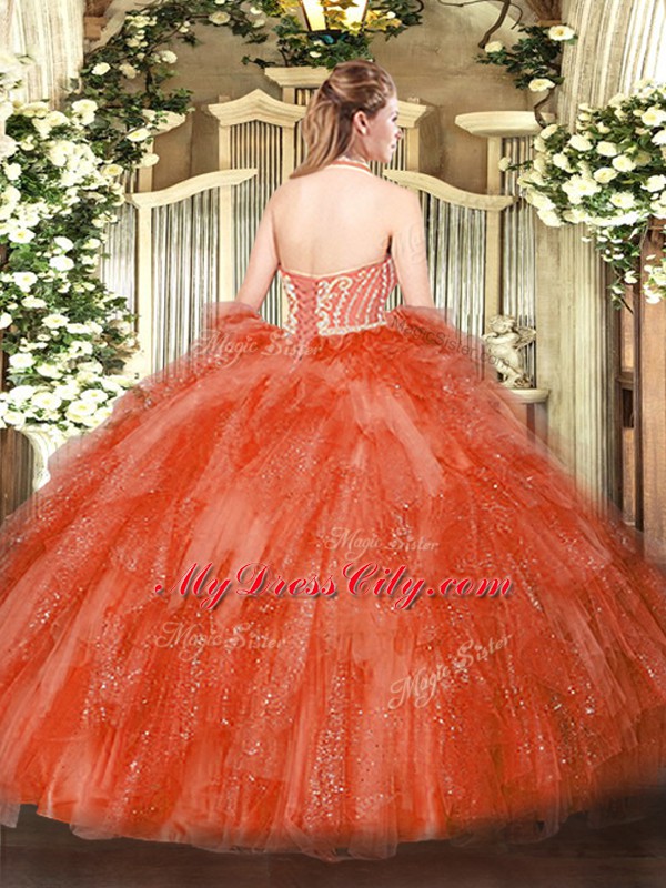 Red Quince Ball Gowns Military Ball and Sweet 16 and Quinceanera with Beading and Ruffles Halter Top Sleeveless Lace Up