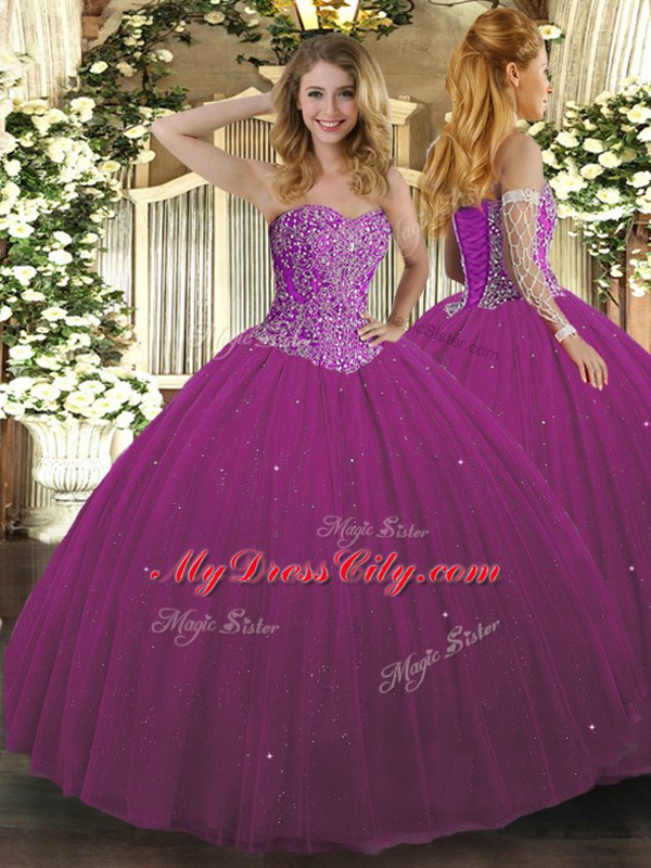 Tulle Sweetheart Sleeveless Lace Up Beading Quinceanera Gowns in Fuchsia