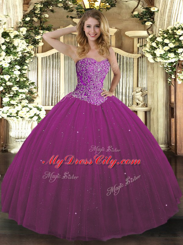 Tulle Sweetheart Sleeveless Lace Up Beading Quinceanera Gowns in Fuchsia