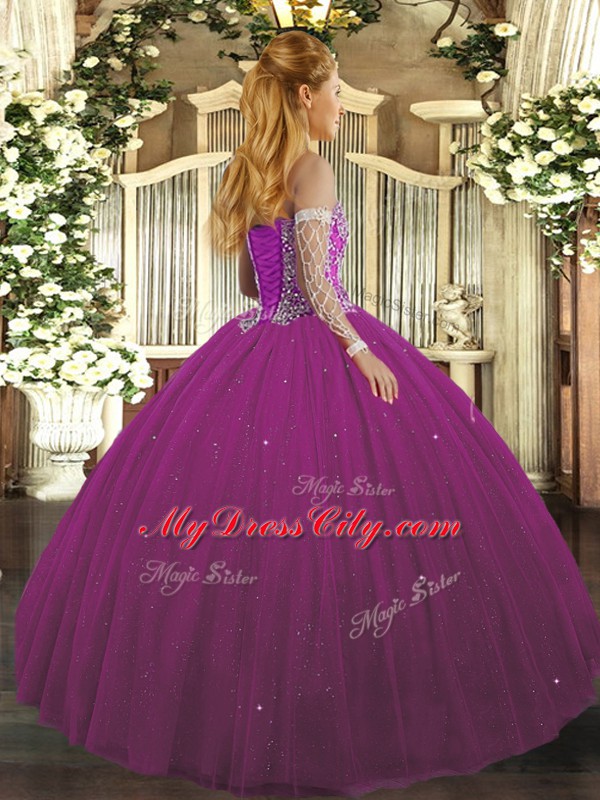 Tulle Sweetheart Sleeveless Lace Up Beading Quinceanera Gowns in Fuchsia