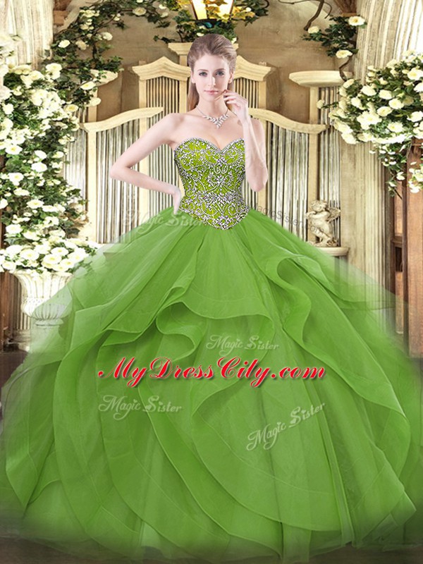 Tulle Sleeveless Floor Length 15 Quinceanera Dress and Beading and Ruffles