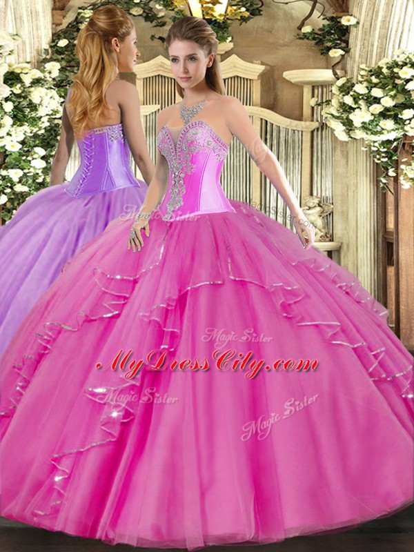 Sleeveless Tulle Floor Length Lace Up Vestidos de Quinceanera in Fuchsia with Beading and Ruffles