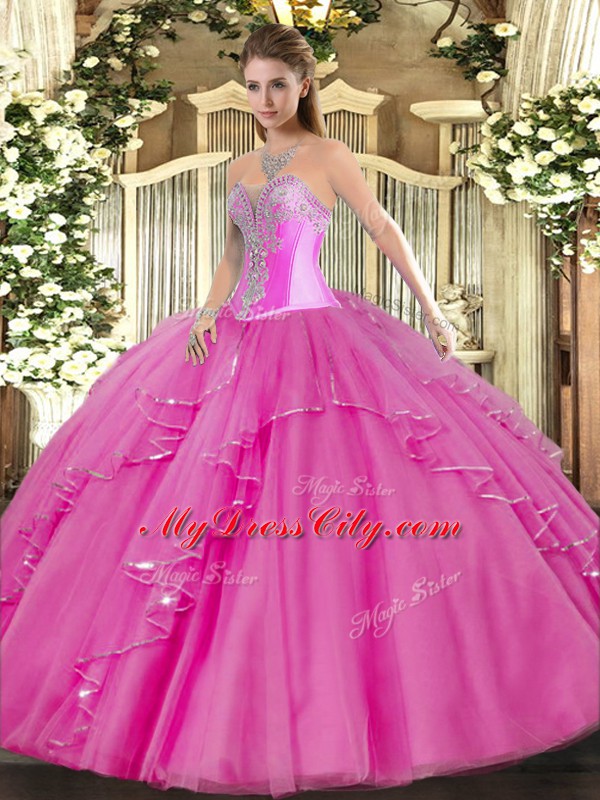 Sleeveless Tulle Floor Length Lace Up Vestidos de Quinceanera in Fuchsia with Beading and Ruffles