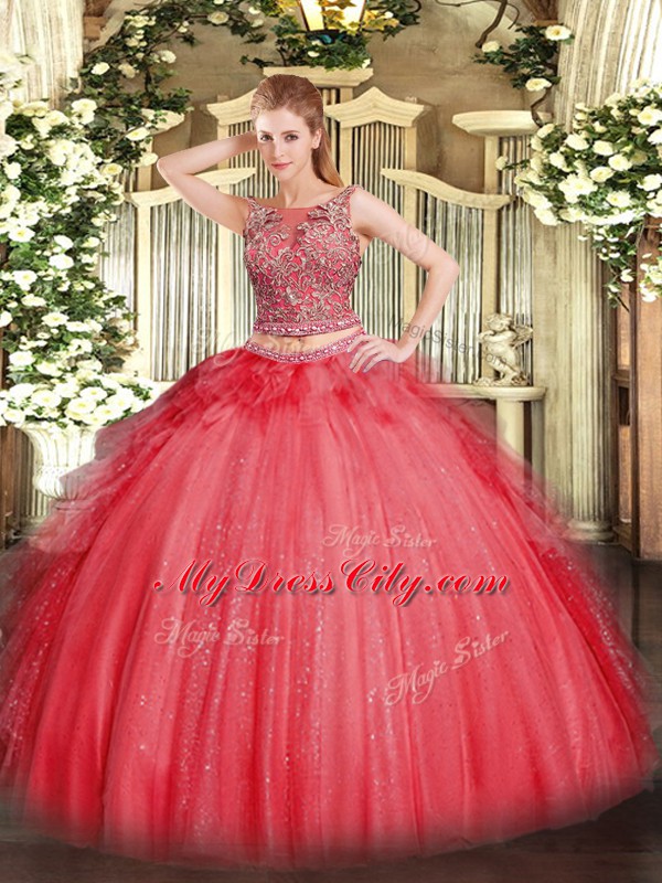 Coral Red Scoop Lace Up Beading and Ruffles Quince Ball Gowns Sleeveless