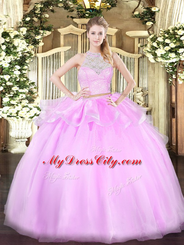 Lilac Sleeveless Tulle Lace Up Ball Gown Prom Dress for Military Ball and Sweet 16 and Quinceanera