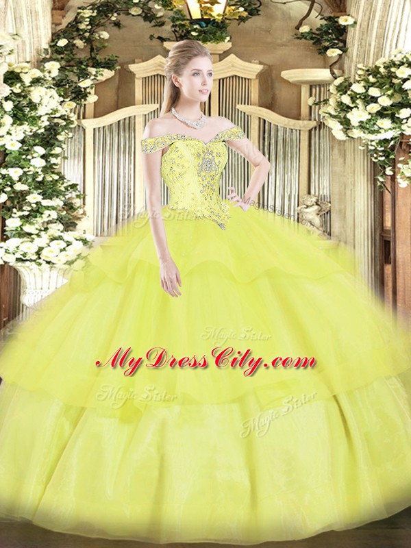 Fine Yellow Ball Gowns Beading and Ruffled Layers 15 Quinceanera Dress Lace Up Organza Sleeveless Floor Length