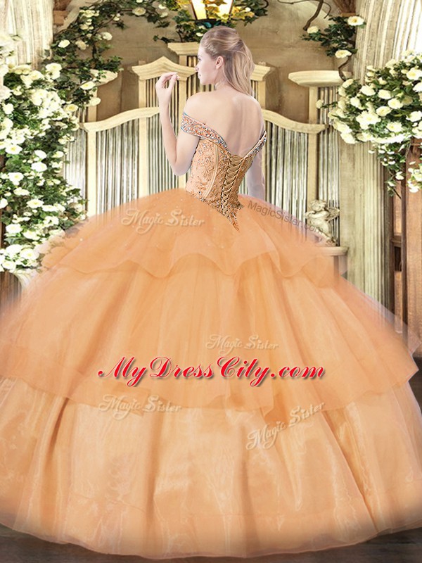 Fine Yellow Ball Gowns Beading and Ruffled Layers 15 Quinceanera Dress Lace Up Organza Sleeveless Floor Length