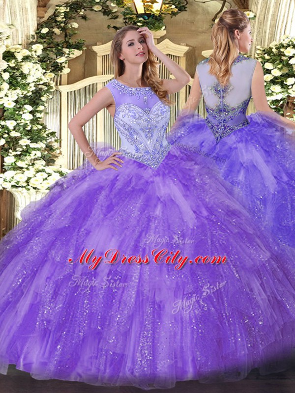 Glorious Floor Length Lavender Sweet 16 Quinceanera Dress Organza Sleeveless Beading and Ruffles