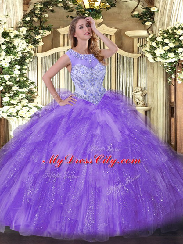 Glorious Floor Length Lavender Sweet 16 Quinceanera Dress Organza Sleeveless Beading and Ruffles