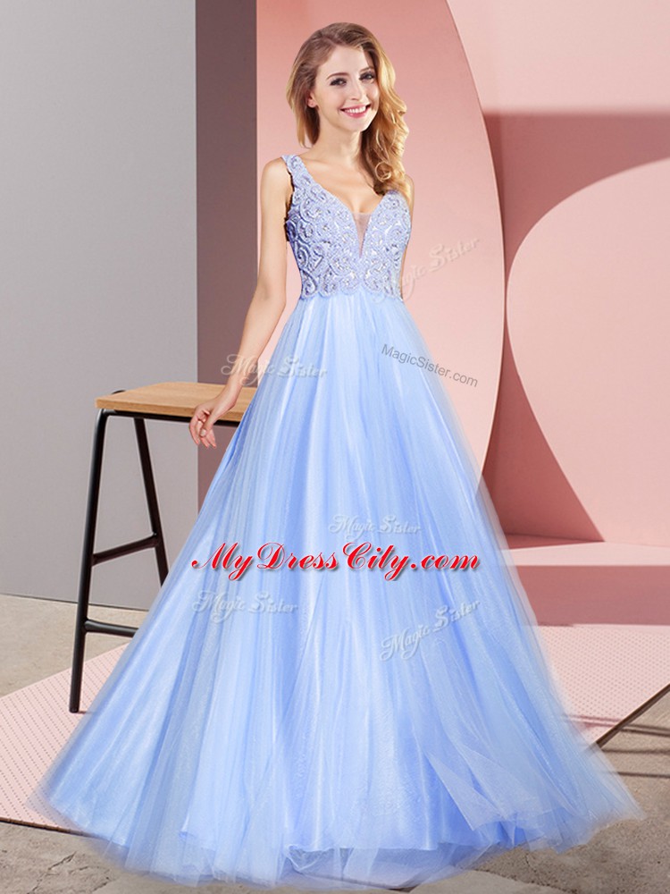 Light Blue V-neck Zipper Lace Sleeveless