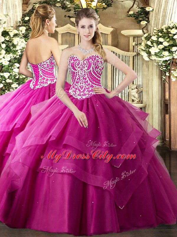 Free and Easy Tulle Sleeveless Floor Length Quince Ball Gowns and Beading and Ruffled Layers