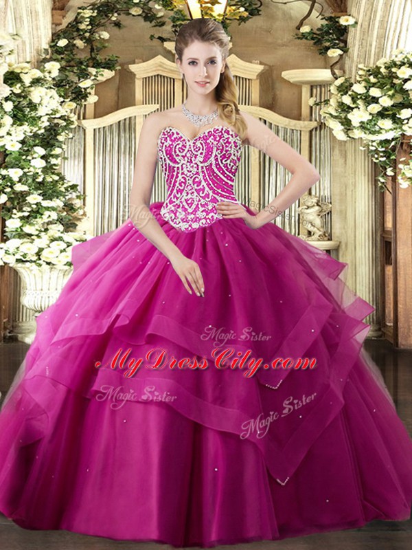 Free and Easy Tulle Sleeveless Floor Length Quince Ball Gowns and Beading and Ruffled Layers