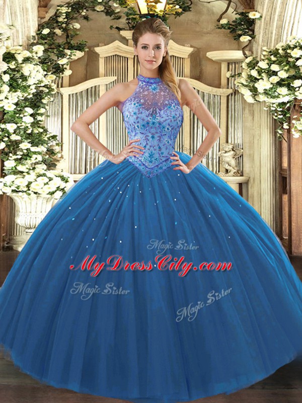 Navy Blue Sleeveless Floor Length Beading and Embroidery Lace Up Sweet 16 Dresses