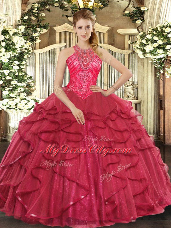 Discount Sleeveless Organza Floor Length Lace Up Quinceanera Dresses in Coral Red with Beading and Ruffles