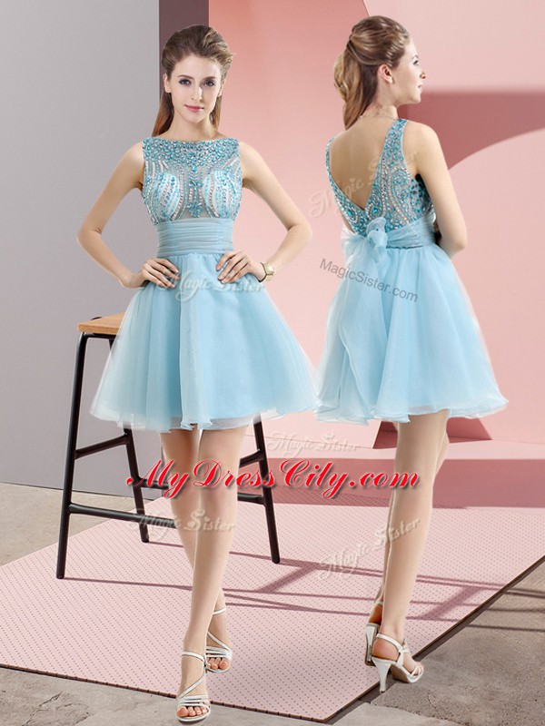 Shining Aqua Blue Sleeveless Tulle Backless Prom Evening Gown for Prom and Party