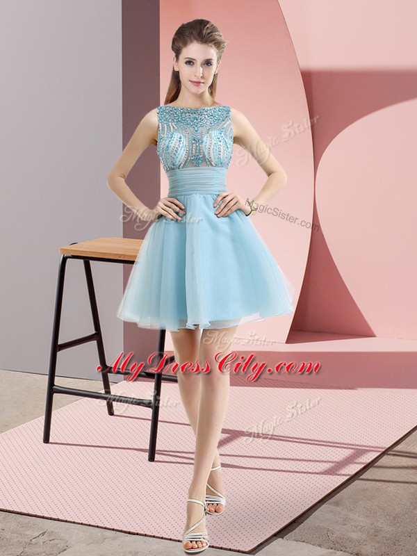 Shining Aqua Blue Sleeveless Tulle Backless Prom Evening Gown for Prom and Party