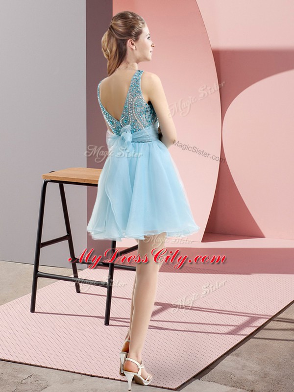 Shining Aqua Blue Sleeveless Tulle Backless Prom Evening Gown for Prom and Party