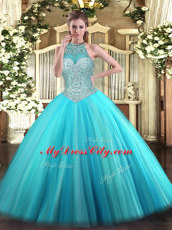 Luxurious Floor Length Aqua Blue Sweet 16 Quinceanera Dress Tulle Sleeveless Beading