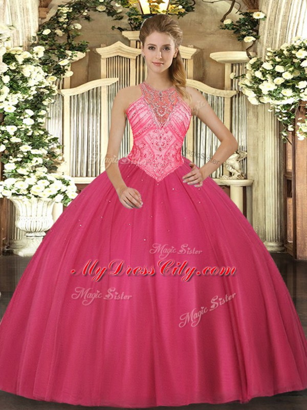 Hot Pink Sleeveless Floor Length Beading Lace Up Sweet 16 Dresses